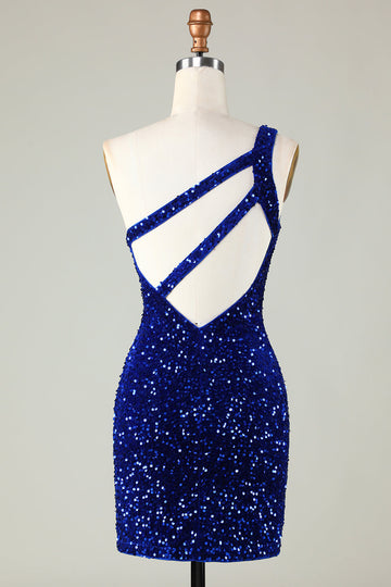 Lentejuelas Un Hombro Azul Real Vestido Corto